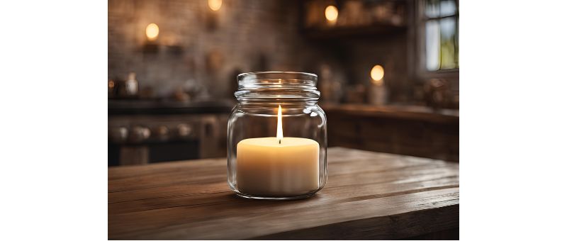 A tea candle in a small glass jar on a table