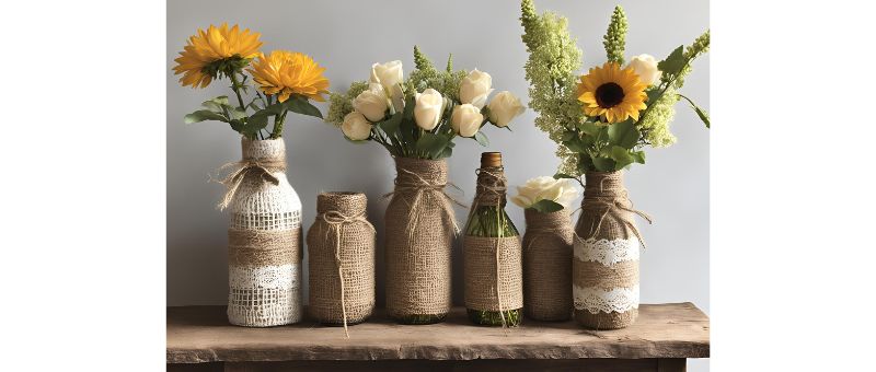 Vases made of glass bottles on a shelf