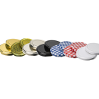 63mm standard twist off lids perfect for preserving jams and chutney. Available in gold, gold honeycomb, silver, black, white, red and white and blue and white gingham. 