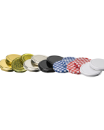 63mm standard twist off lids perfect for preserving jams and chutney. Available in gold, gold honeycomb, silver, black, white, red and white and blue and white gingham.
