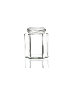 280ml flint hexagonal glass jar with a twist-off lid, versatile design perfect for jams, chutney, pickling, and sauces. Available in low quantities or bulk wholesale.