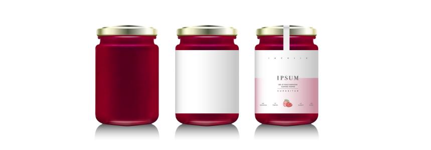 three jam jars filled with jam and an example of branding on one