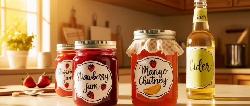 Glass jars and a bottle with homemade produce each featuring a pretty DIY label